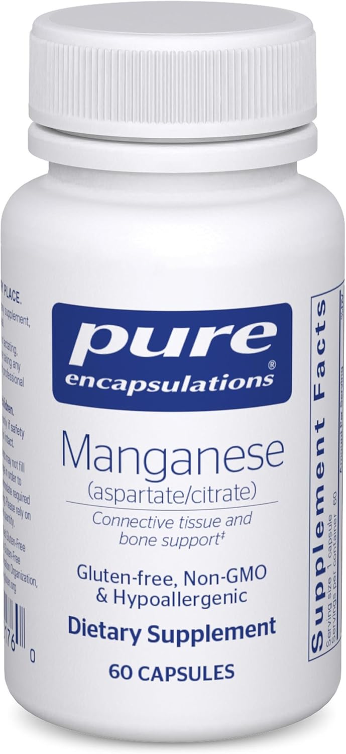 Pure Encapsulations Manganese dietary supplement bottle with 60 capsules for bone and connective tissue health.