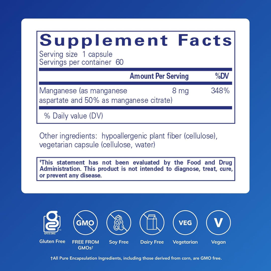 Pure Encapsulations Manganese dietary supplement in a bottle of 60 capsules, supporting bone and connective tissue health.