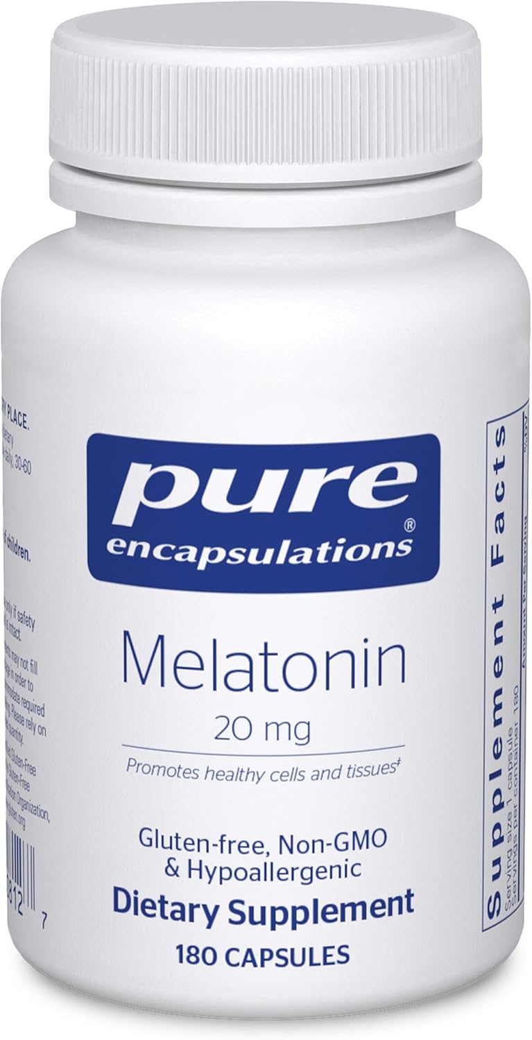 Pure Encapsulations Melatonin dietary supplement bottle with 180 capsules, supporting cellular and immune health.