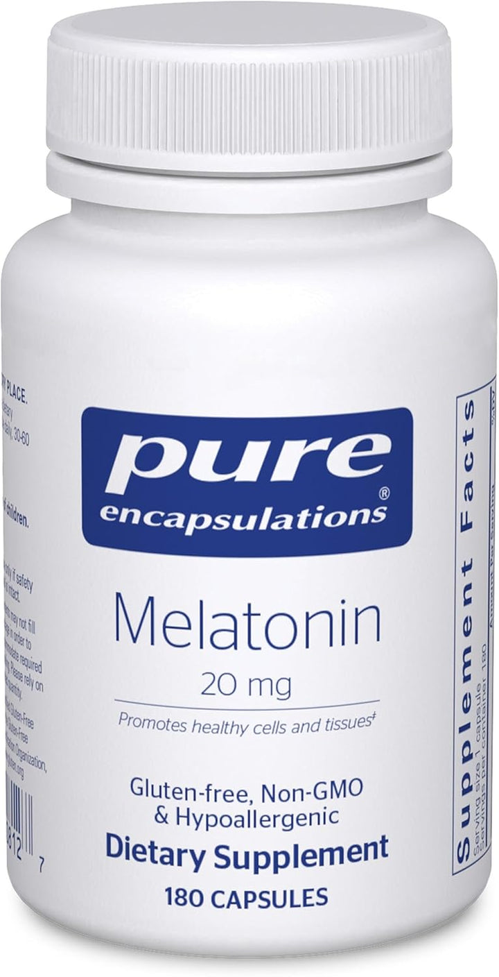 Pure Encapsulations Melatonin dietary supplement bottle with 180 capsules, supporting cellular and immune health.