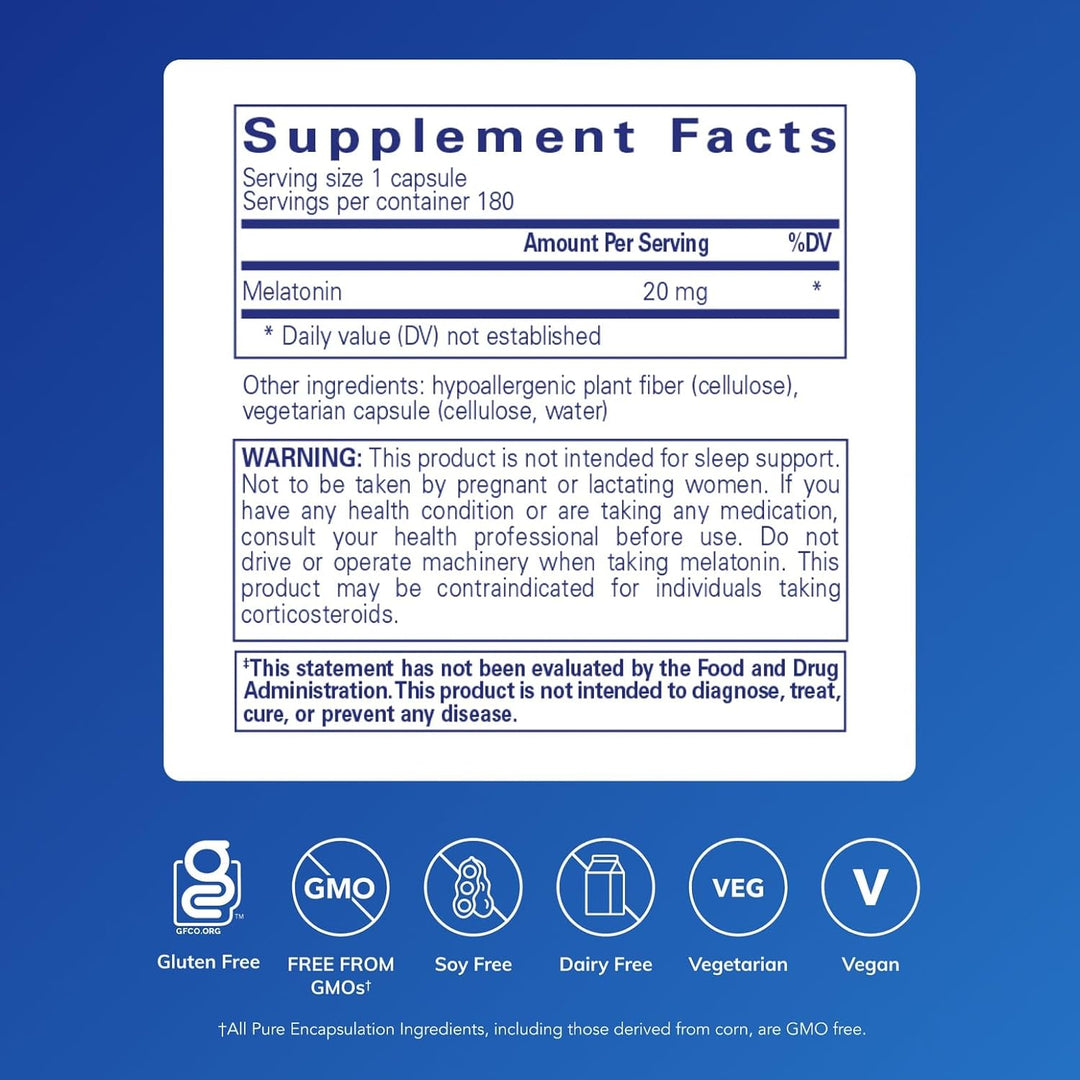 Pure Encapsulations Melatonin dietary supplement capsules supporting cellular and immune health, 180 capsules.