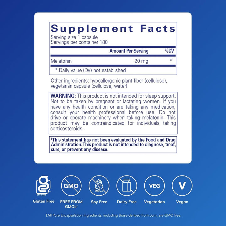 Pure Encapsulations Melatonin dietary supplement capsules supporting cellular and immune health, 180 capsules.