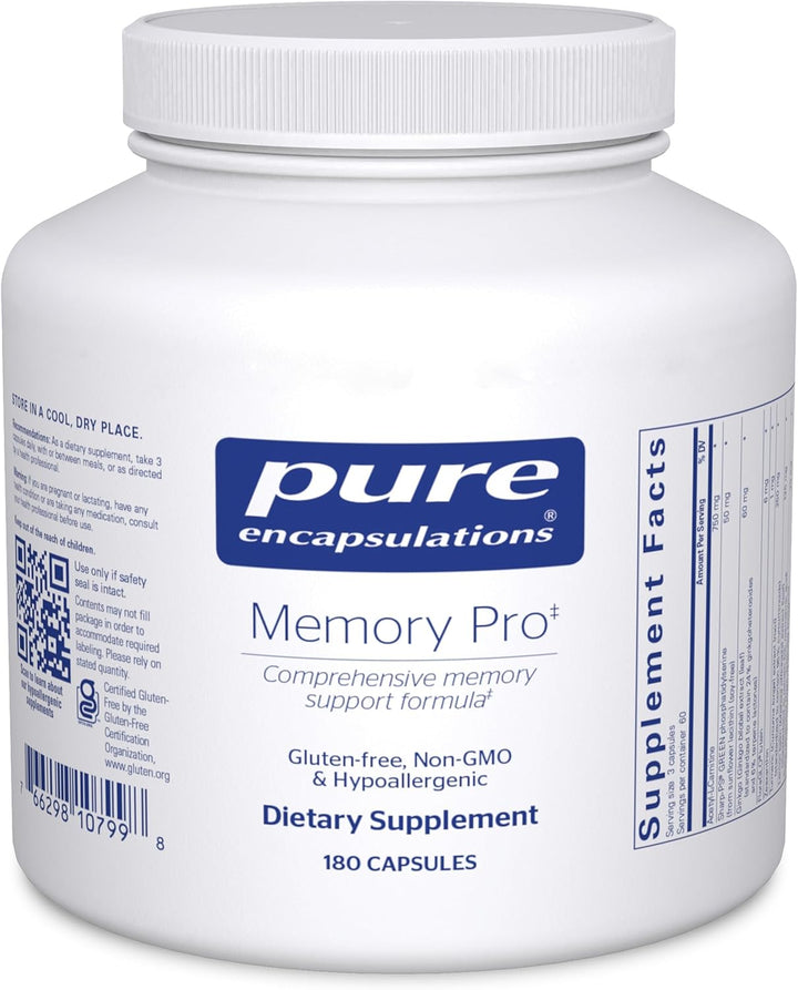 Pure Encapsulations Memory Pro dietary supplement bottle with 180 capsules supporting cognitive and brain function.
