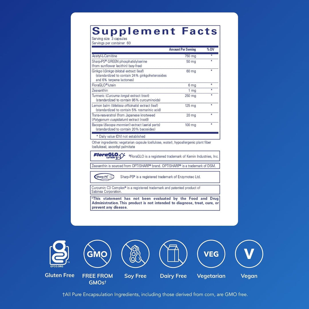 Pure Encapsulations Memory Pro dietary supplement bottle with 180 capsules supporting cognitive and brain function.