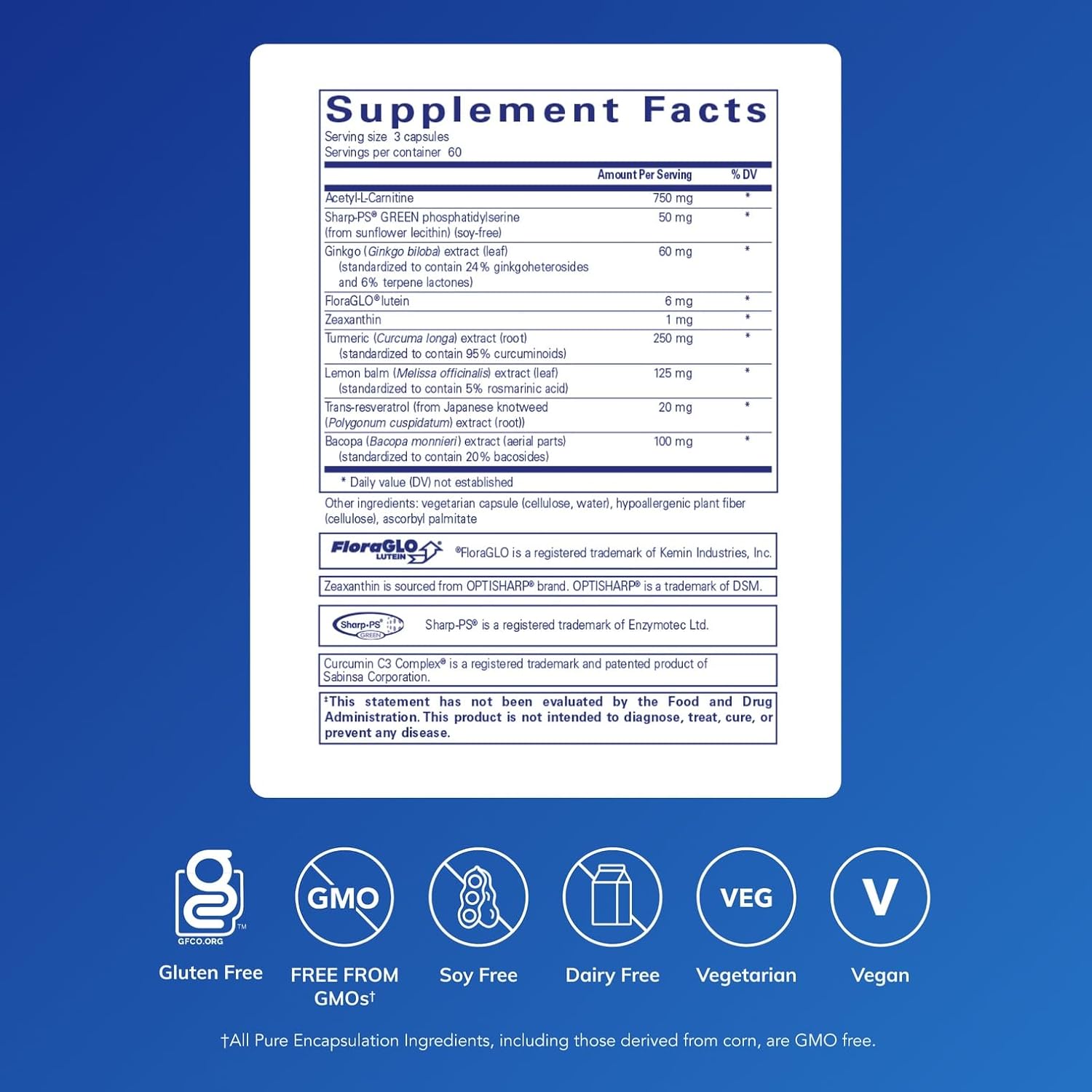 Pure Encapsulations Memory Pro dietary supplement bottle with 180 capsules supporting cognitive and brain function.
