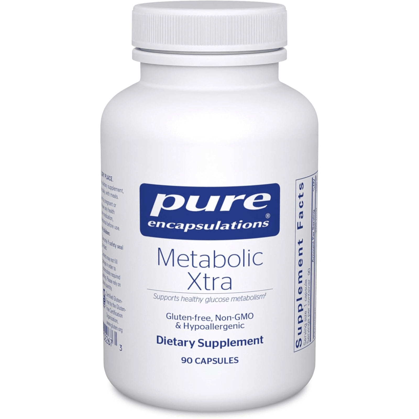 Pure Encapsulations Metabolic Xtra dietary supplement capsules for supporting metabolism balance, shown in a bottle with 90 capsules.