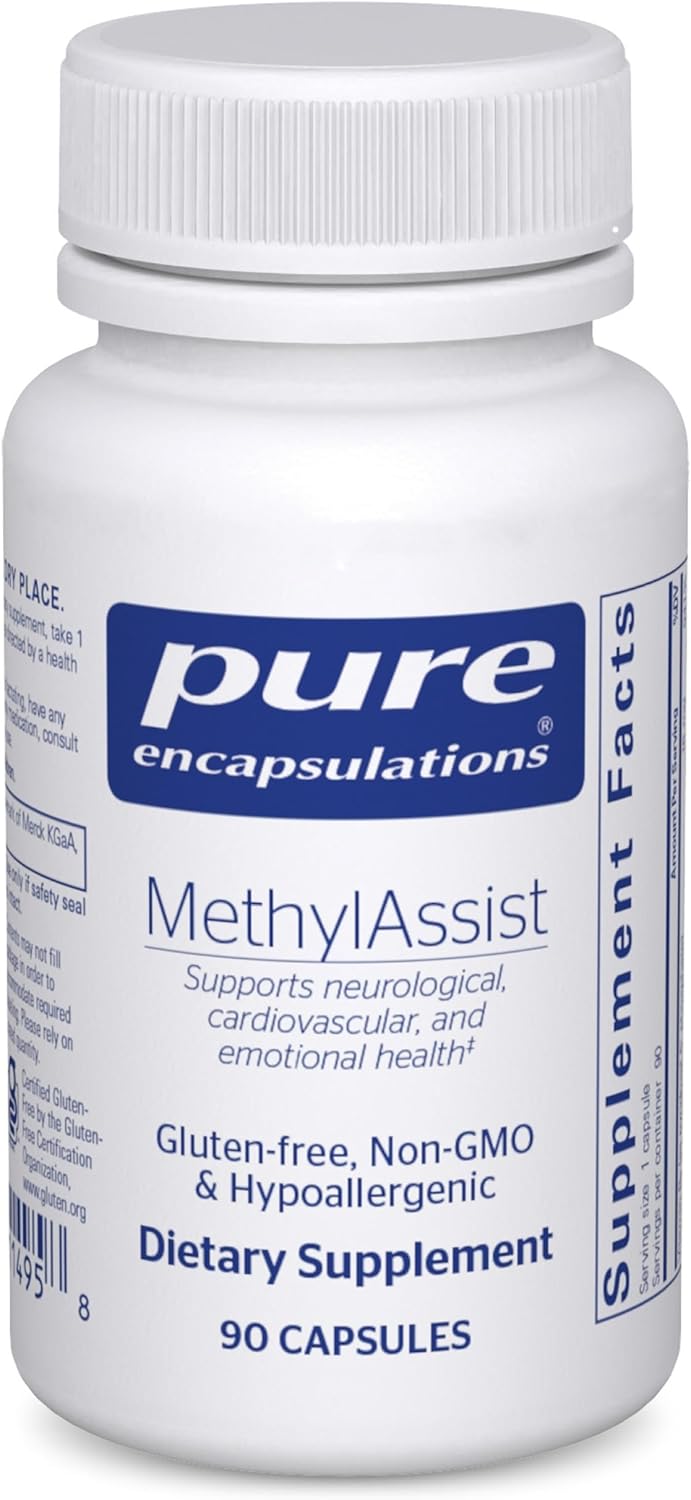 Pure Encapsulations MethylAssist dietary supplement bottle with 90 gluten-free capsules for supporting brain function.