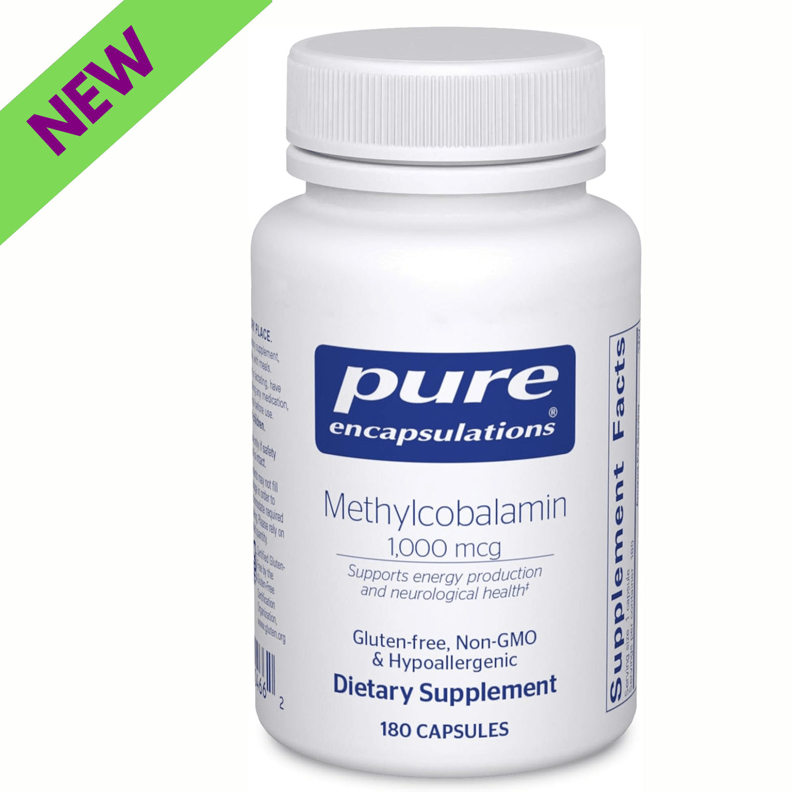 Pure Encapsulations Methylcobalamin B12 dietary supplement bottle with 180 capsules, supports memory and nerve health.