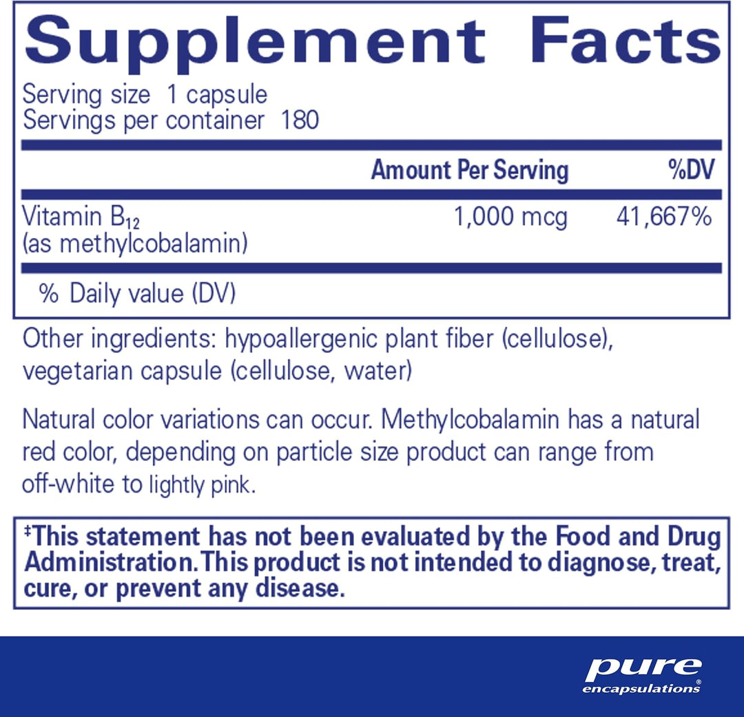 Pure Encapsulations Methylcobalamin B12 dietary supplement capsules supporting memory and nerve health, 180 capsules.