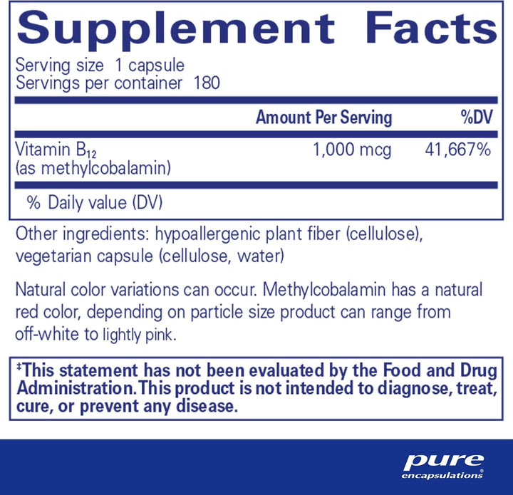 Pure Encapsulations Methylcobalamin B12 dietary supplement capsules supporting memory and nerve health, 180 capsules.