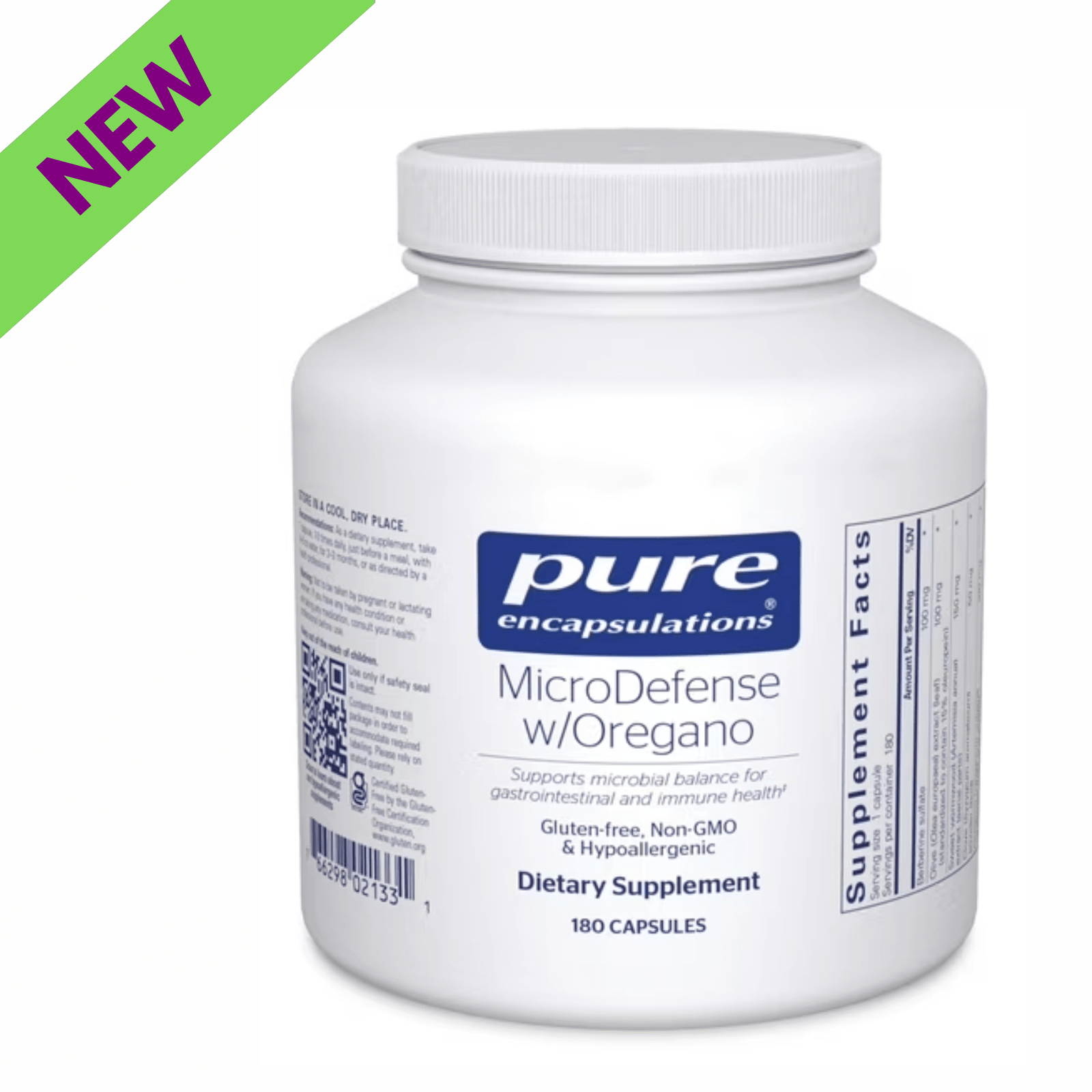 Pure Encapsulations MicroDefense dietary supplement capsules supporting digestive function and balance, 180-count bottle.