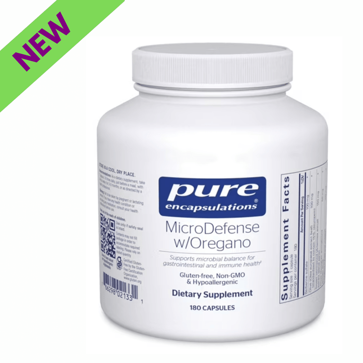 Pure Encapsulations MicroDefense dietary supplement capsules supporting digestive function and balance, 180-count bottle.