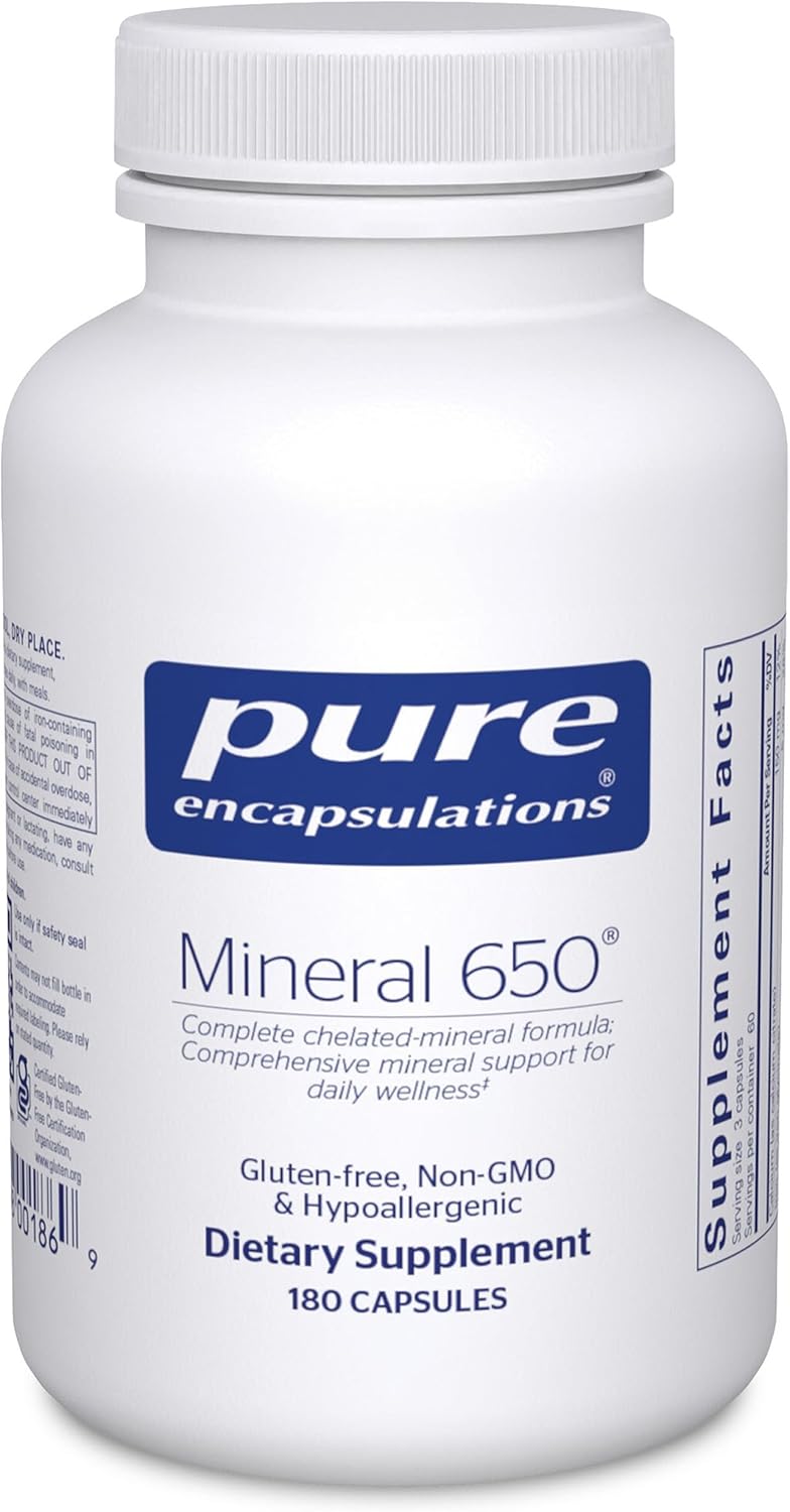 Pure Encapsulations Mineral 650 chelated multimineral supplement capsules, dietary supplement for mineral support.