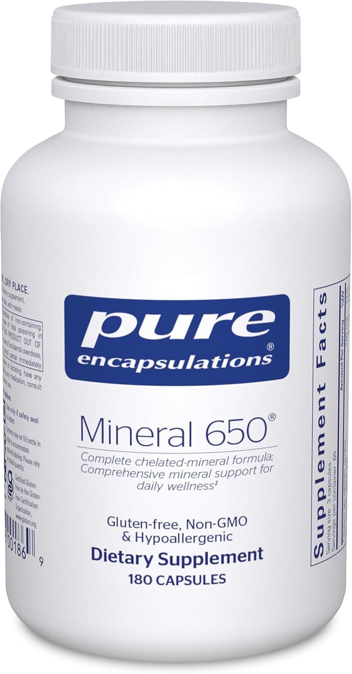 Pure Encapsulations Mineral 650 chelated multimineral supplement capsules, dietary supplement for mineral support.