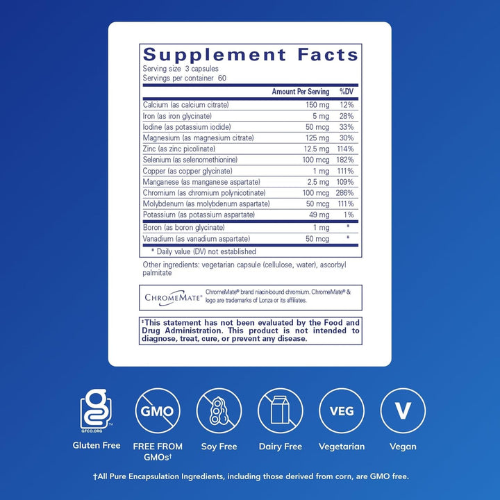 Pure Encapsulations Mineral 650 chelated multimineral dietary supplement bottle with 180 capsules.