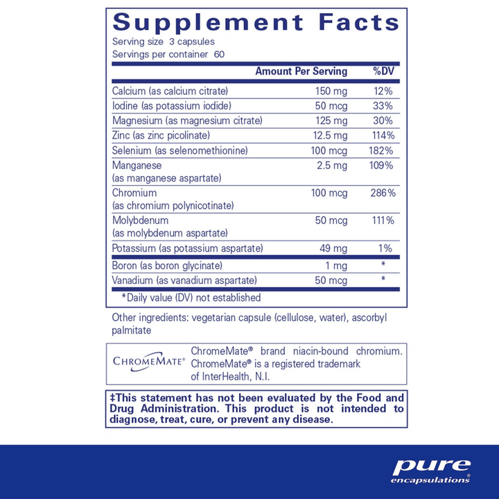 Pure Encapsulations Mineral 650 dietary supplement bottle with 180 capsules, showing the label and capsule contents.