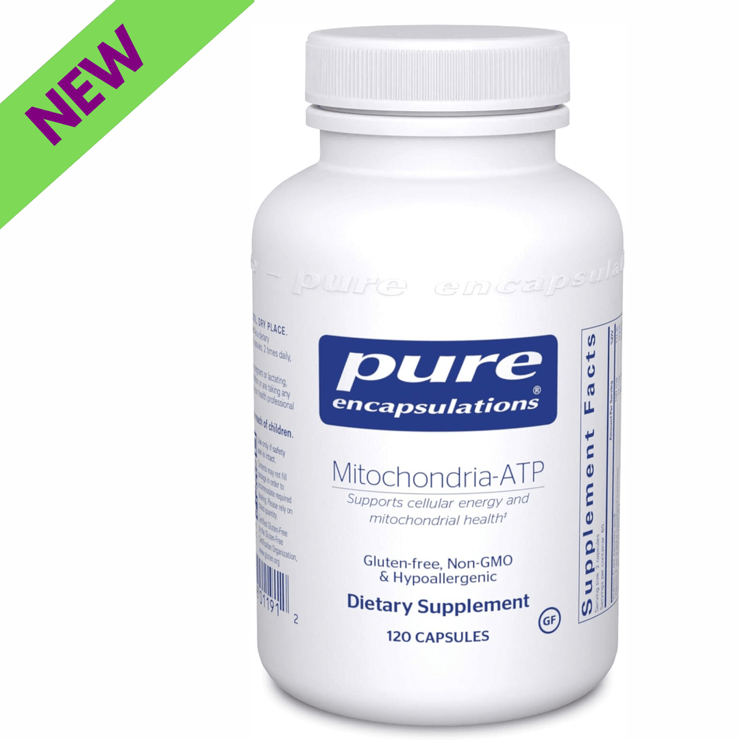 Pure Encapsulations Mitochondria ATP dietary supplement bottle with 120 capsules, supporting energy and cell function.