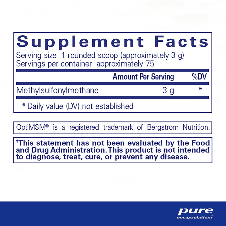 Pure Encapsulations MSM Powder dietary supplement in a 227g container, supports joint mobility and sulfur balance.
