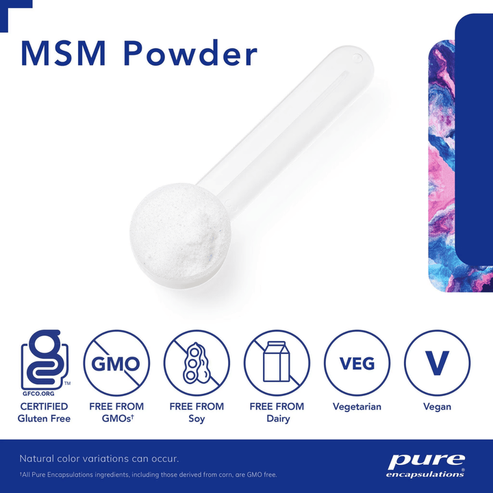 Pure Encapsulations MSM Powder dietary supplement for joint mobility and sulfur balance, 227g container.
