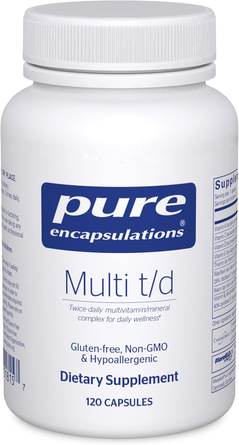 Pure Encapsulations Multi T/D dietary supplement capsules for daily wellness, vegetarian formula in a bottle of 120 capsules.