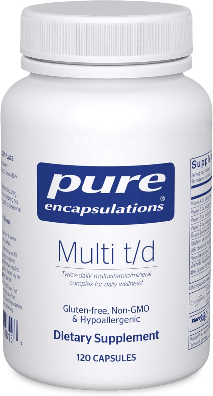 Pure Encapsulations Multi T/D vegetarian dietary supplement capsules for daily wellness, shown in a bottle.