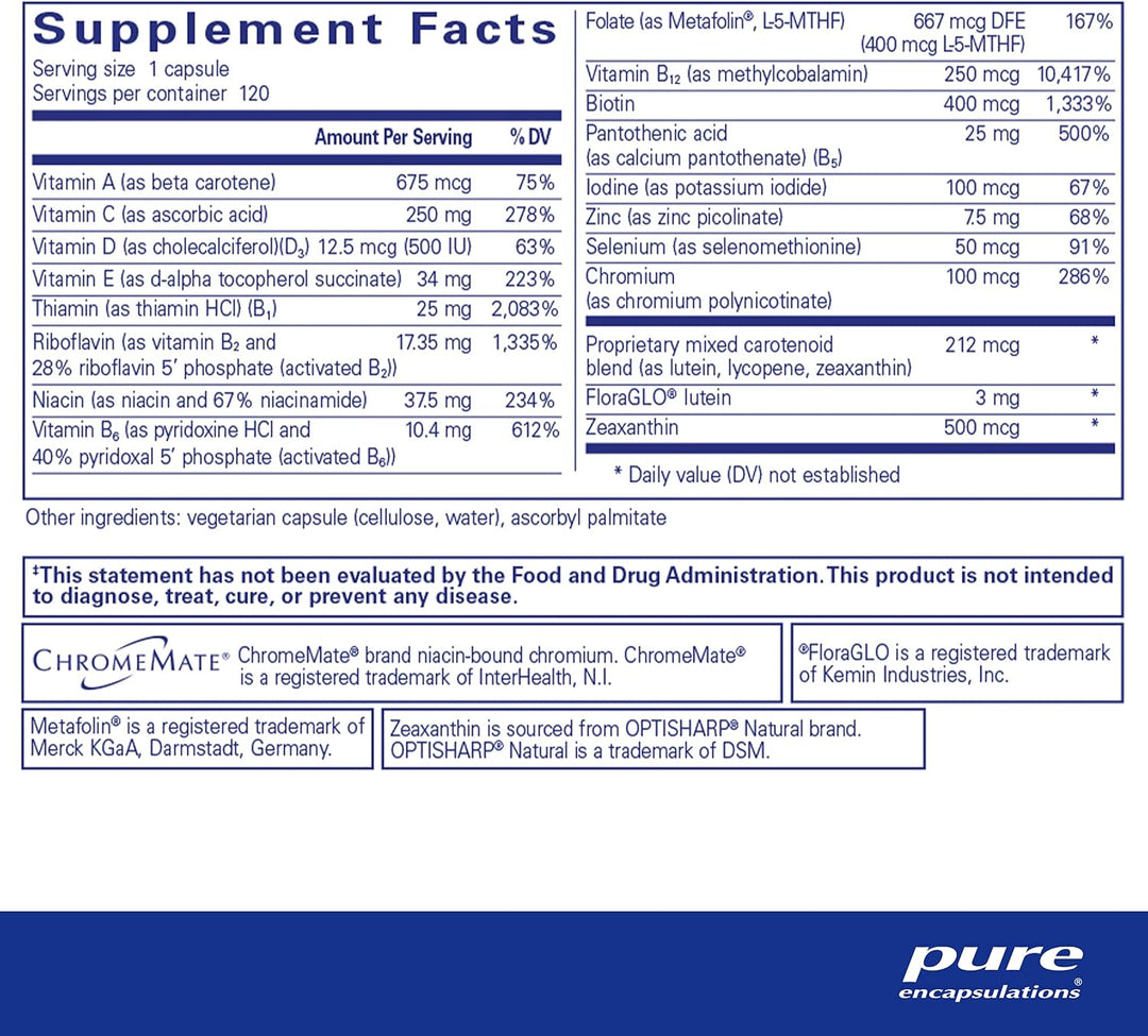 Pure Encapsulations Multi T/D dietary supplement bottle with 120 vegetarian capsules for daily wellness.