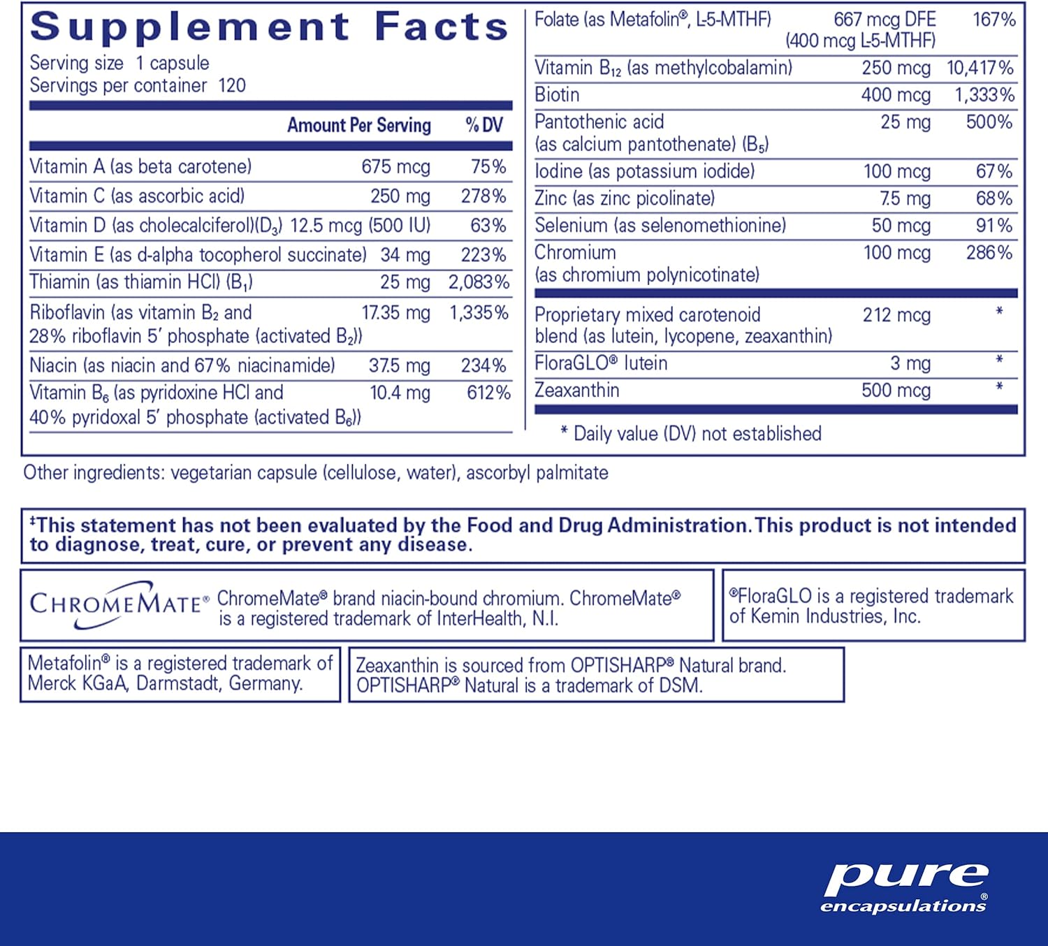 Pure Encapsulations Multi T/D dietary supplement bottle with 120 vegetarian capsules for daily wellness.