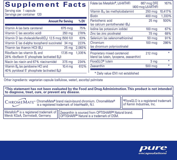 Pure Encapsulations Multi T/D dietary supplement bottle with 120 vegetarian capsules for daily wellness.