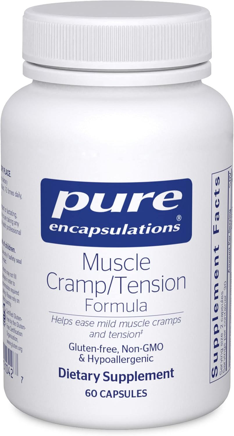Pure Encapsulations Muscle Cramp Tension Formula dietary supplement in 60 capsules for muscle relaxation and tension relief.