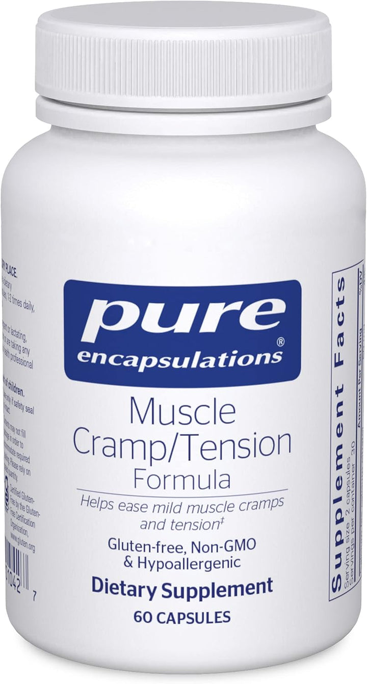 Pure Encapsulations Muscle Cramp Tension Formula dietary supplement in 60 capsules for muscle relaxation and tension relief.