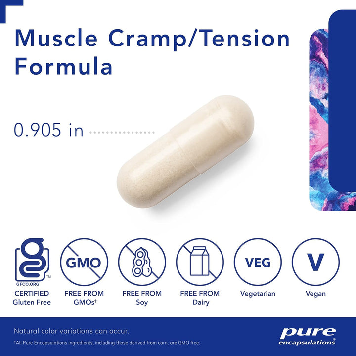 Pure Encapsulations Muscle Cramp Tension Formula dietary supplement capsules for muscle relaxation and tension relief.