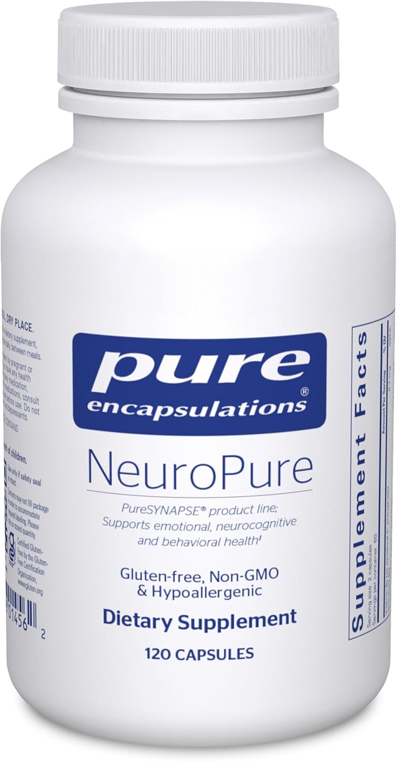 Pure Encapsulations NeuroPure dietary supplement bottle with 120 hypoallergenic capsules for supporting calm mood and mental balance.