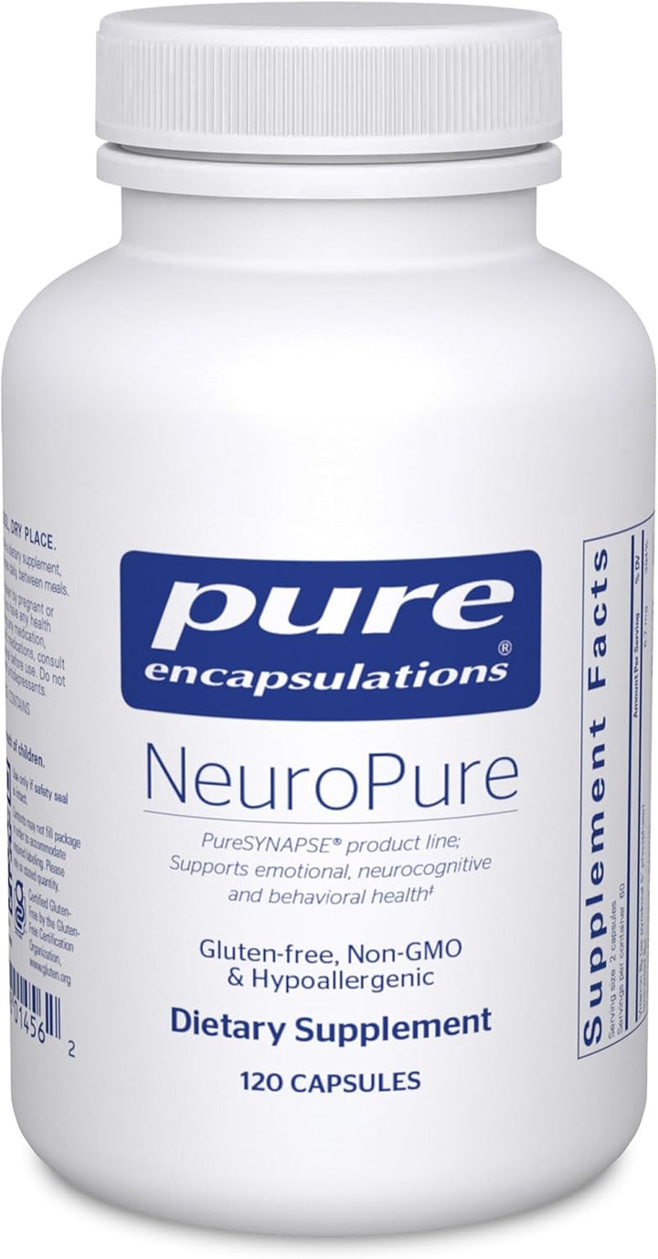 Pure Encapsulations NeuroPure dietary supplement bottle with 120 hypoallergenic capsules for supporting calm mood and mental balance.