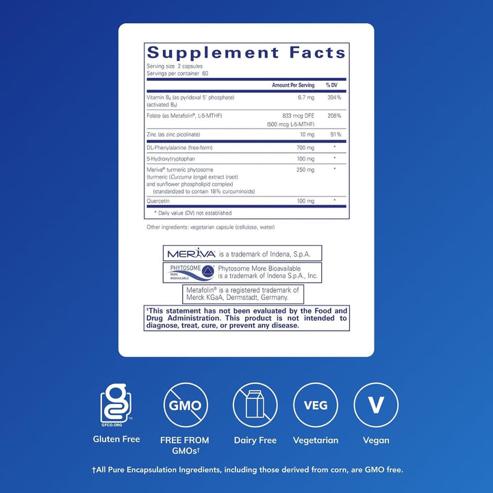 Pure Encapsulations NeuroPure dietary supplement bottle with 120 hypoallergenic capsules for supporting calm mood and mental balance.