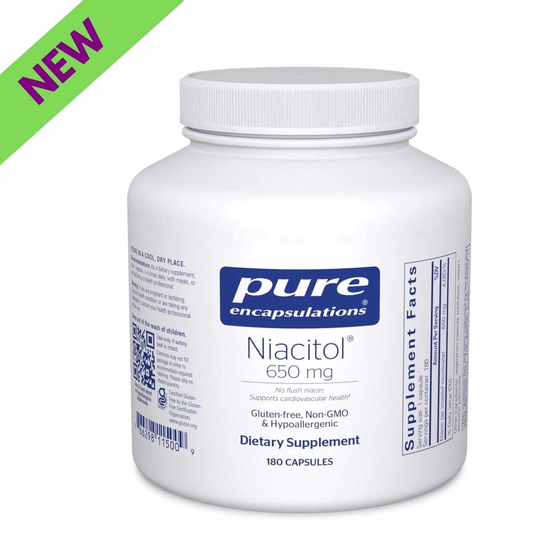 Pure Encapsulations Niacitol dietary supplement bottle with 180 capsules, supporting digestion, hormones, and tissue health.