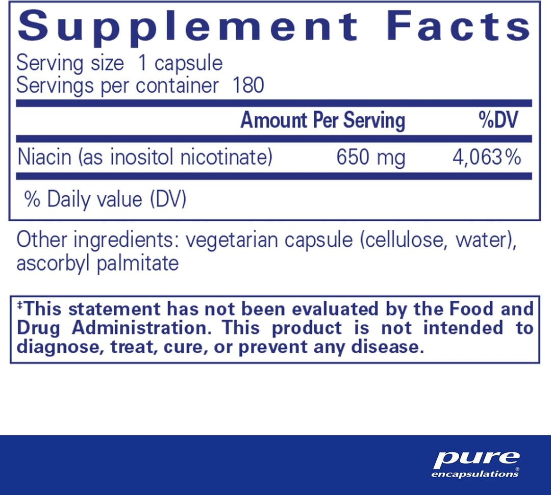 Pure Encapsulations Niacitol dietary supplement bottles showing 180 capsules for supporting digestion, hormones, and tissues.
