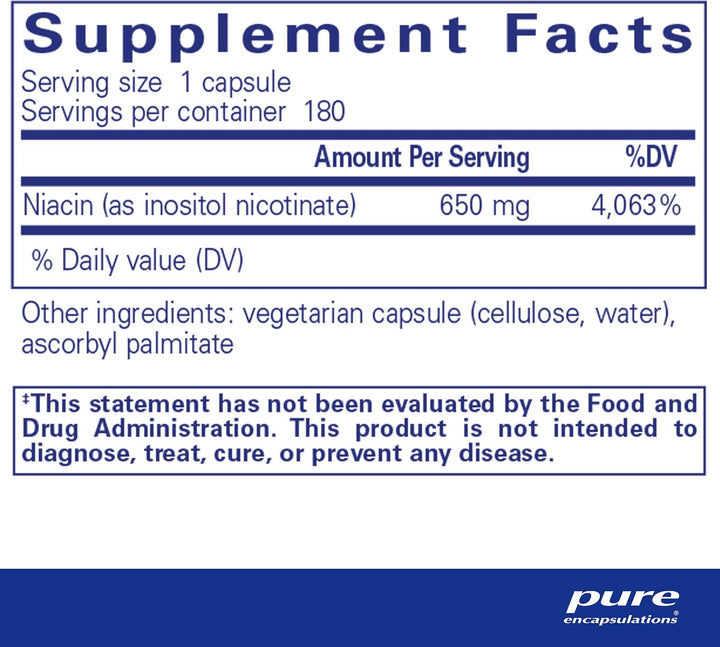 Pure Encapsulations Niacitol dietary supplement bottles showing 180 capsules for supporting digestion, hormones, and tissues.