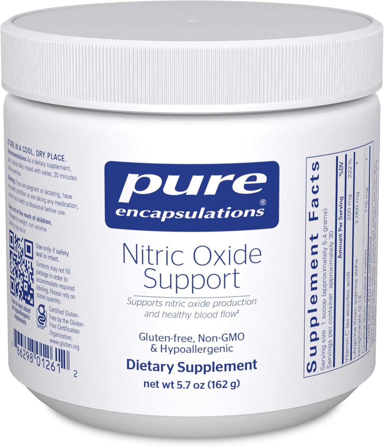 Pure Encapsulations Nitric Oxide Support dietary supplement powder in a container, aiding muscle energy and nitric oxide production.