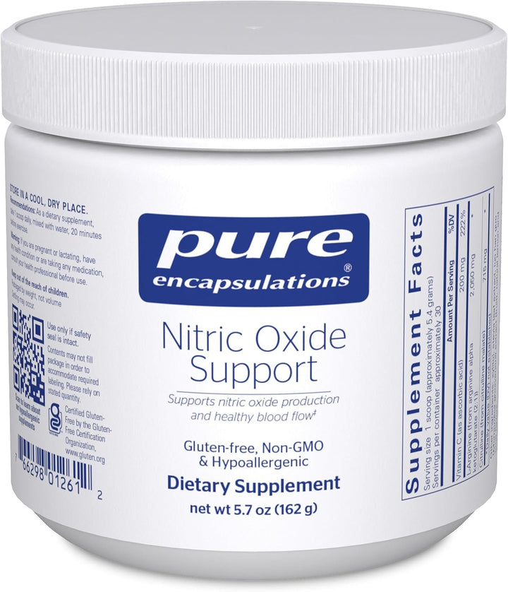 Pure Encapsulations Nitric Oxide Support dietary supplement powder in a container, aiding muscle energy and nitric oxide production.