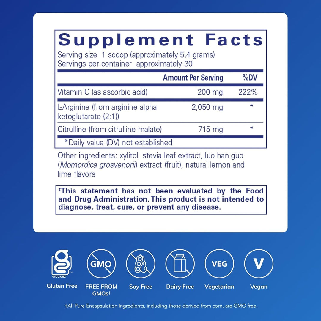 Pure Encapsulations Nitric Oxide Support dietary supplement powder in a jar, designed to aid muscle energy and nitric oxide production.