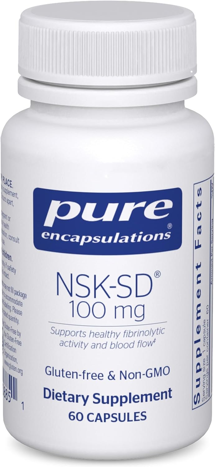 Pure Encapsulations NSK SD 100 mg dietary supplement capsules supporting circulatory health, shown in a bottle with 60 capsules.