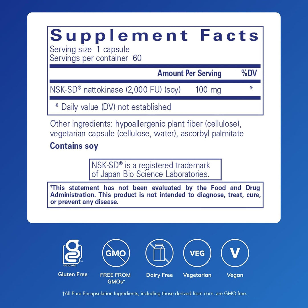 Pure Encapsulations NSK SD 100 mg dietary supplement capsules supporting circulatory function, shown in a bottle with 60 capsules.