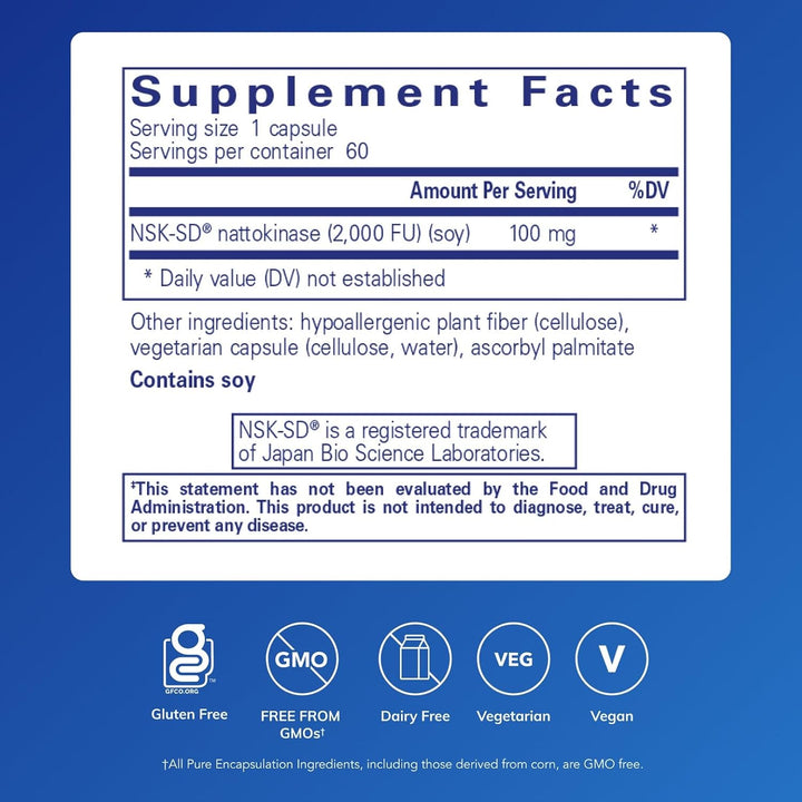 Pure Encapsulations NSK SD 100 mg dietary supplement capsules supporting circulatory function, shown in a bottle with 60 capsules.