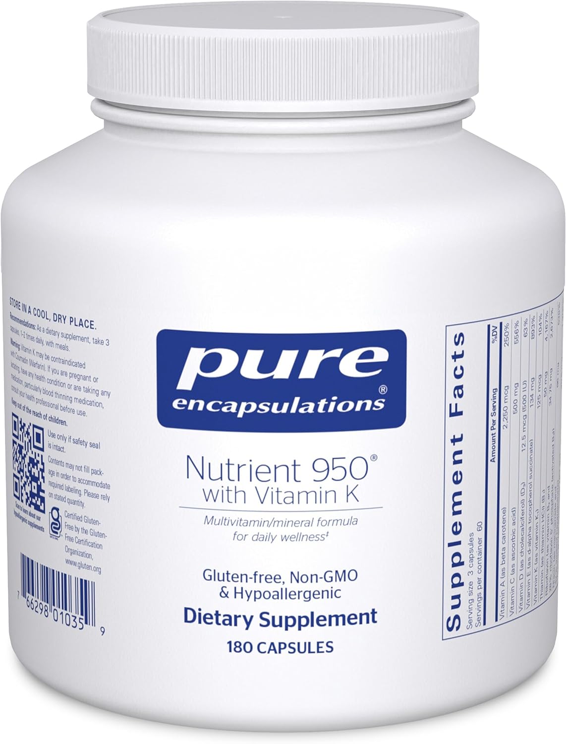 Pure Encapsulations Nutrient 950 Vitamin K dietary supplement capsules for bone and heart health, 180 capsules.