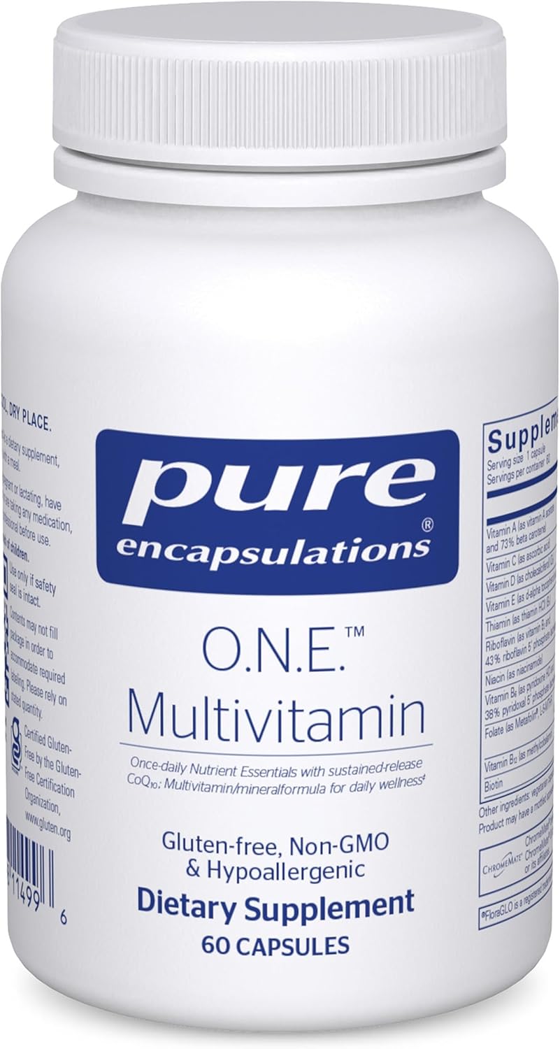 Pure Encapsulations ONE Multivitamin Vision dietary supplement bottle with 60 capsules for cognitive and eye support.