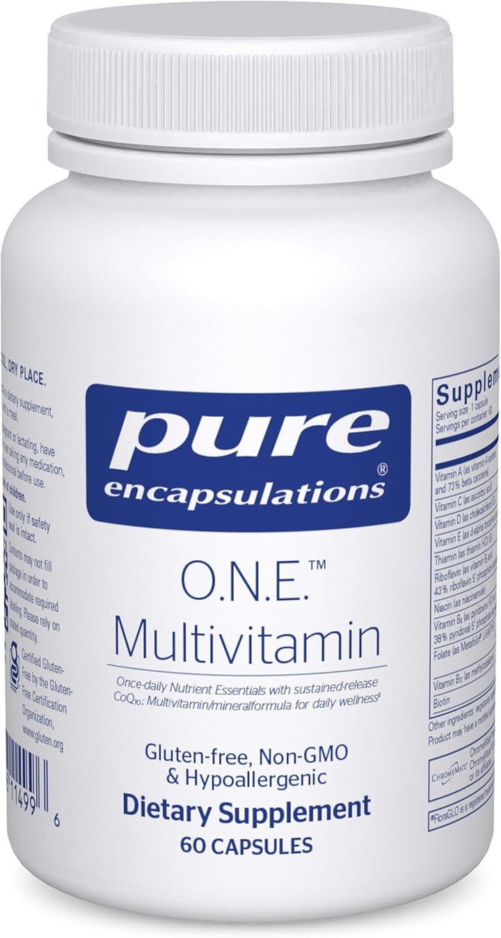 Pure Encapsulations ONE Multivitamin Vision dietary supplement bottle with 60 capsules for cognitive and eye support.