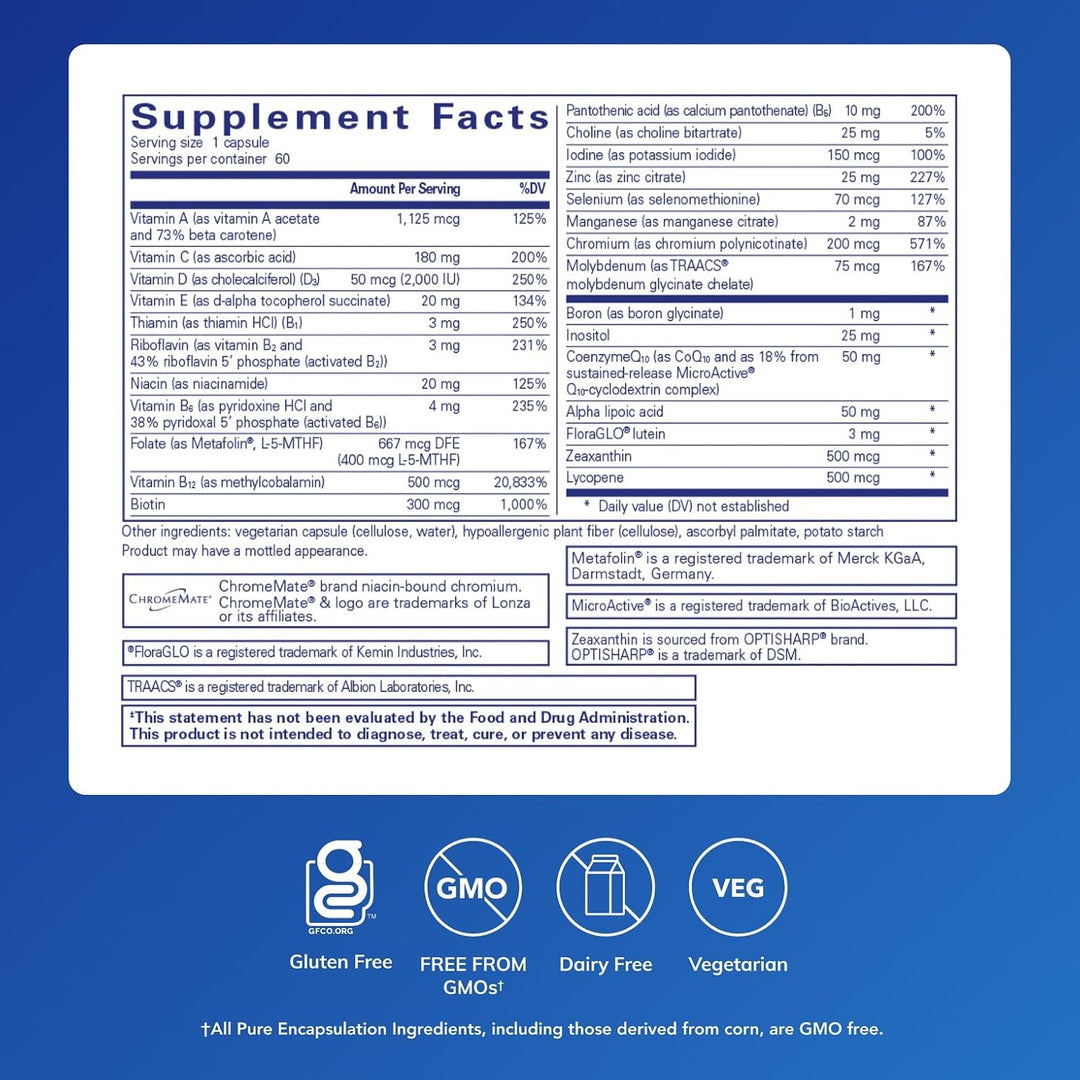 Pure Encapsulations ONE multivitamin dietary supplement for vision and cognitive support, 60 capsules on a white background.