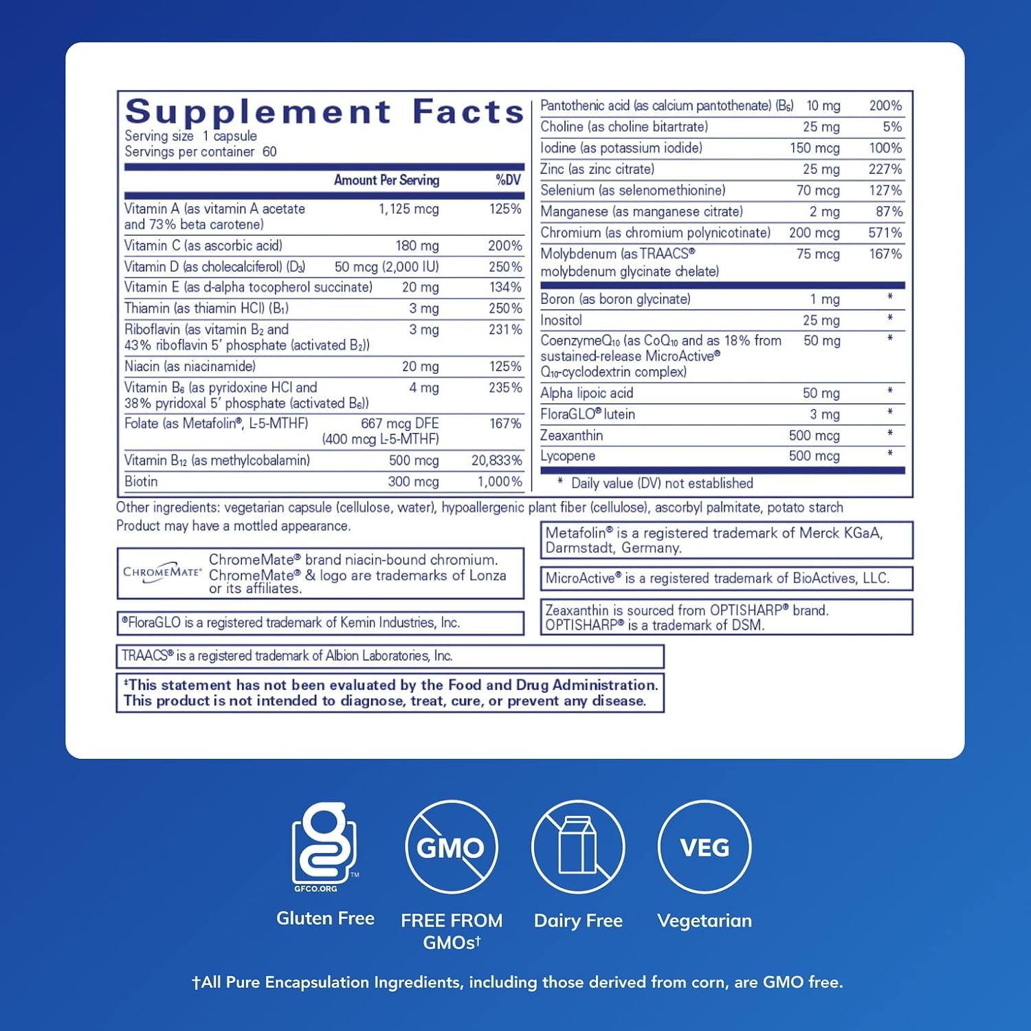 Pure Encapsulations ONE multivitamin dietary supplement for vision and cognitive support, 60 capsules on a white background.