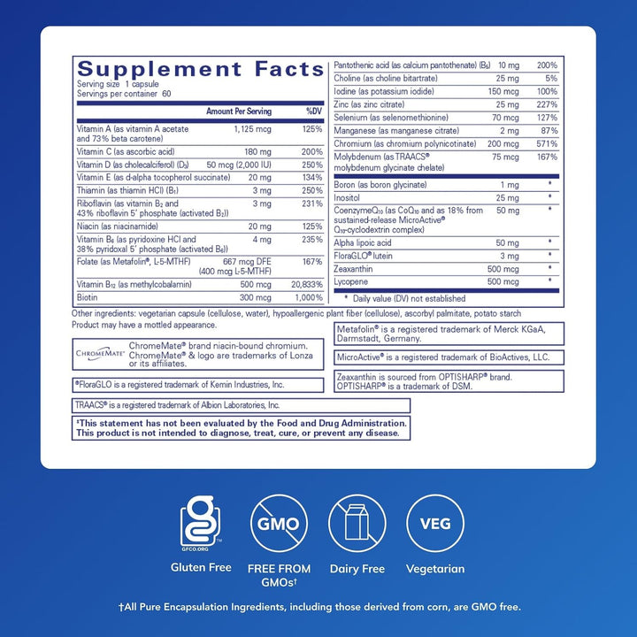 Pure Encapsulations ONE multivitamin dietary supplement for vision and cognitive support, 60 capsules on a white background.
