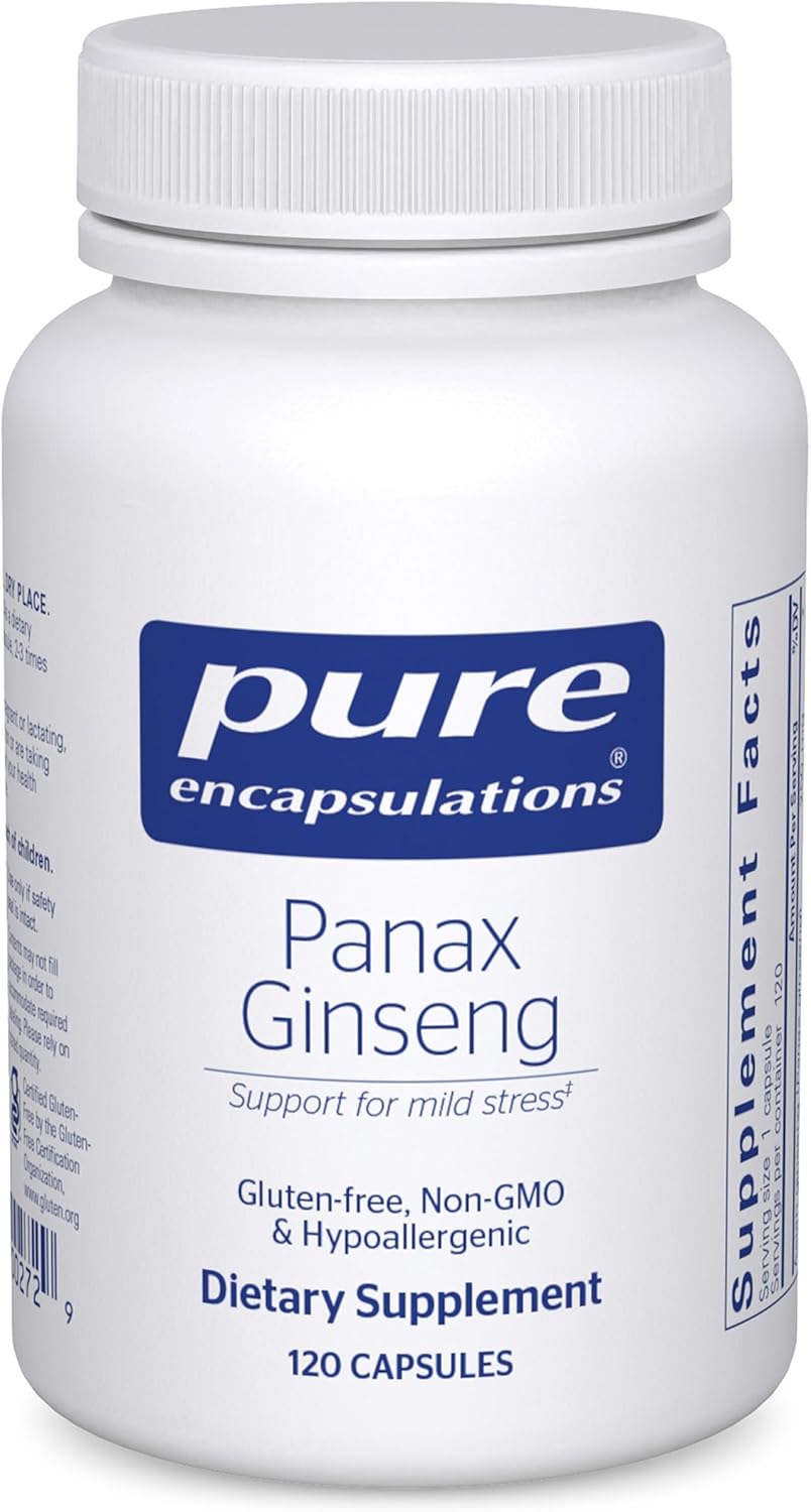 Pure Encapsulations Panax Ginseng dietary supplement bottle with 120 capsules, supporting energy and stamina.